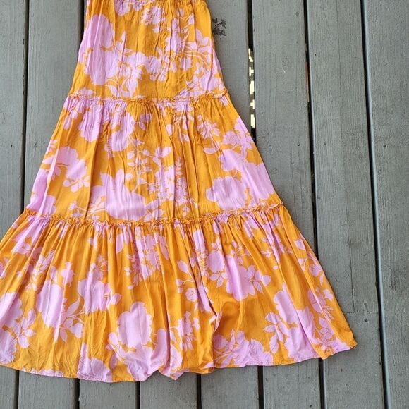 Abel The Label Angelica‎ Maxi Dress Tiered Cap Sleeve Keyhole Back Orange Pink M - Picture 4 of 9